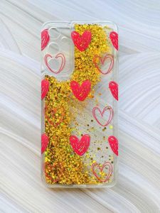 Чохол з плаваючими блискітками на Samsung Galaxy A15 (A155) Золотий :: Сердечка червоні (принт 77)