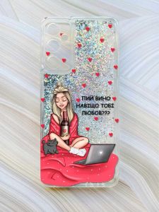 Чохол з плаваючими блискітками на Samsung Galaxy A34 5G (A346) Сріблястий :: Дівчина з вином (принт 220)