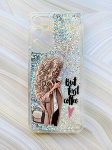 Чохол з плаваючими блискітками на Samsung Galaxy A15 (A155) Срібний :: Дівчина з кавою (принт 114)