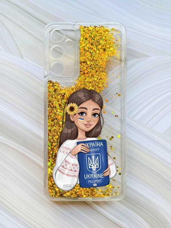 Чохол з плаваючими блискітками на Samsung Galaxy A35 (A356) Золотий :: Дівчина з паспортом (принт 12)