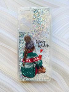 Чохол з плаваючими блискітками на Samsung Galaxy A24 (A245) Сріблястий :: Дівчина з кавою (принт 136)