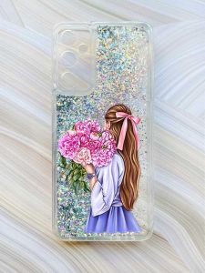 Чохол з плаваючими блискітками на Samsung Galaxy A24 (A245) Сріблястий :: Дівчина з півоніями (принт 11)