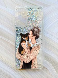 Чохол з плаваючими блискітками на Samsung Galaxy A24 (A245) Сріблястий :: Дівчина з песиком (принт 116)