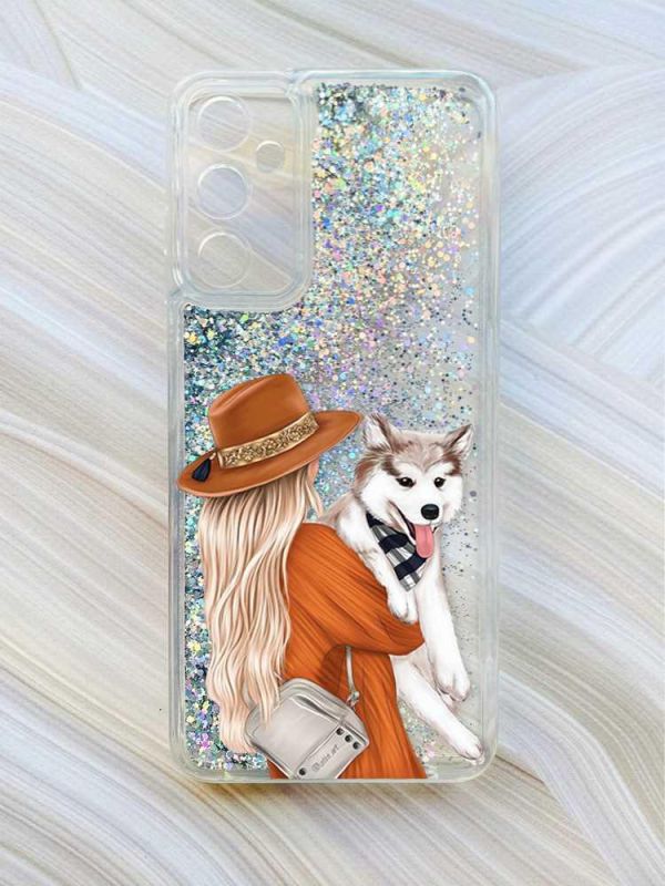 Чохол з плаваючими блискітками на Samsung Galaxy A35 (A356) Сріблястий :: Дівчина з песиком (принт 115)