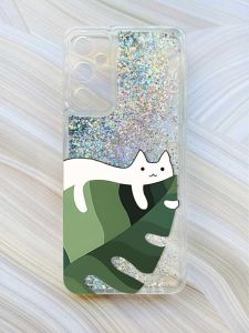Чохол з плаваючими блискітками на Samsung Galaxy A35 (A356) Сріблястий :: Кіт на листку (принт 367)