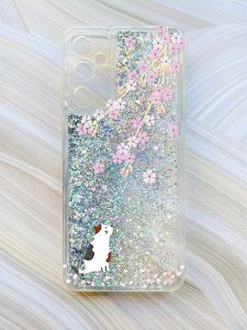 Чохол з плаваючими блискітками на Samsung Galaxy A24 (A245) Сріблястий :: Котик і сакура (принт 283)