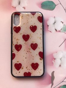 Силіконовий чохол з блискітками для iPhone X/Xs Сердечка червоні