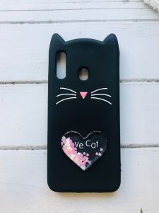 Чохол силіконовий 3D Case з рухливими блискітками на Samsung Galaxy А30 2019 / А20 2019 Кіт чорний