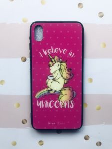 Силіконовий чохол Glass case зі скляною задньою панеллю для Xiaomi Redmi 7A рожевий Єдиноріг