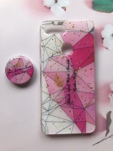 Мармуровий силіконовий чохол з блискітками в комплекті з тримачем для Xiaomi Мі 8 lite Рожевий