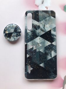Мармуровий силіконовий чохол з блискітками в комплекті з тримачем для Xiaomi Mi А3 Чорний