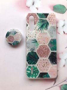 Мармуровий силіконовий чохол з блискітками в комплекті з тримачем для Xiaomi Mi А3 lite Зелений