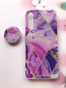 Мармуровий силіконовий чохол з блискітками в комплекті з тримачем для Xiaomi Mi А3 lite Фіолетовий