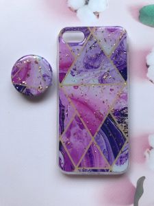 Мармуровий силіконовий чохол із блискітками в комплекті з тримачем для iPhone 7 7s 8 8 8s Фіолетовий