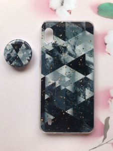 Мармуровий силіконовий чохол з блискітками в комплекті з тримачем для Samsung Galaxy А10 (2019) А105 Чорний