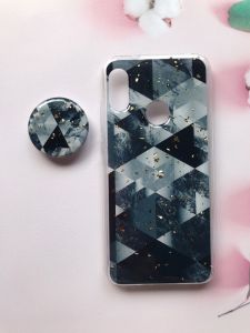 Мармуровий силіконовий чохол з блискітками в комплекті з тримачем для Xiaomi Redmi 6 Pro / A2 lite Чорний