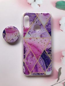 Мармуровий силіконовий чохол з блискітками в комплекті з тримачем для Xiaomi Redmi 6 Pro / A2 lite Фіолетовий