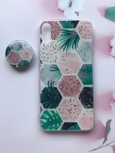 Мармуровий силіконовий чохол з блискітками в комплекті з тримачем для iPhone XR Зелений