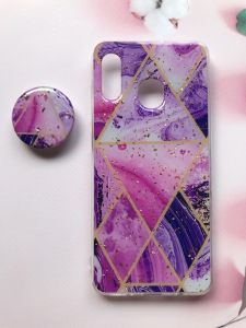 Мармуровий силіконовий чохол з блискітками в комплекті з тримачем для Samsung Galaxy А30 А305 / A20 Фіолетовий