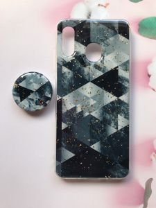 Мармуровий силіконовий чохол з блискітками в комплекті з тримачем для Samsung Galaxy А30 А305 / A20 Чорний