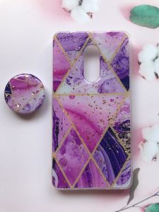 Мармуровий силіконовий чохол з блискітками в комплекті з тримачем для Xiaomi Redmi Note 4 / Note 4X Бузковий