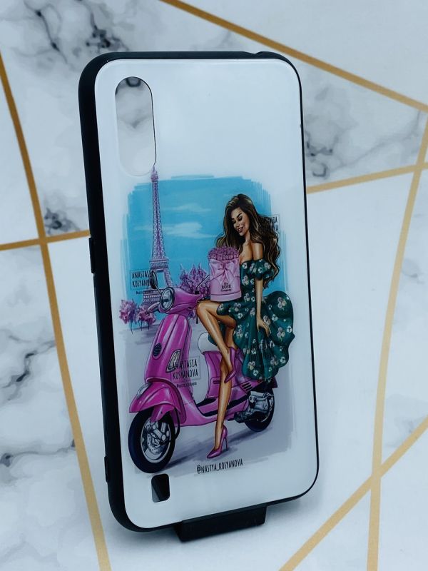 Силіконовий чохол Glass case зі скляною задньою панеллю для Samsung А01 Дівчина і вежа