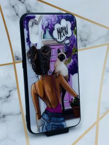 Силіконовий чохол Glass case зі скляною задньою панеллю для Samsung А01 Дівчина з котом
