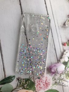 Силіконовий чохол з блискітками для Samsung Galaxy А20ѕ Срібло на прозорому