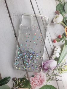 Силіконовий чохол з блискітками для iPhone 11 Pro Max (6,5) Срібло на прозорому