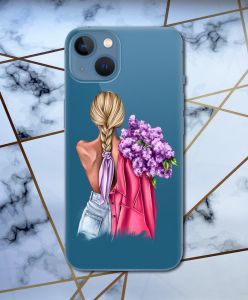 Прозорий чохол для Apple iPhone 13 з об'ємним друком "Дівчина з бузком" принт 7