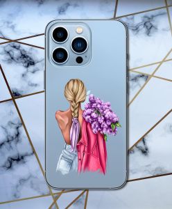 Прозорий чохол для Apple iPhone 13 Pro Max з об'ємним друком "Дівчина з бузком" принт 7