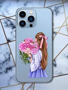 Прозорий чохол для Apple iPhone 13 Pro Max з об'ємним друком "Дівчина з півоніями" принт 11