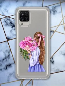 Прозорий чохол для Samsung A12 з об'ємним друком "Дівчина з півоніями" принт 11