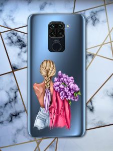 Прозорий чохол для Xiaomi Redmi Note 9 з об'ємним друком "Дівчина з бузком" принт 7