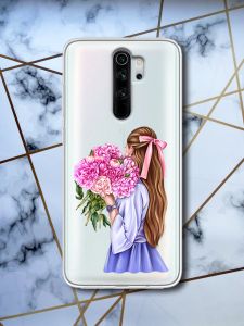 Прозорий чохол для Xiaomi Redmi Note 8 Pro з об'ємним друком "Дівчина з півоніями" принт 11