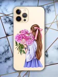 Прозорий чохол для iPhone 12 Pro Max з об'ємним друком "Дівчина з півоніями" принт 11