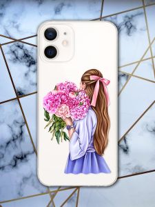 Прозорий чохол для iPhone 12 / 12 Pro з об'ємним друком "Дівчина з півоніями" принт 11