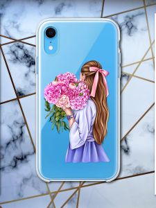 Прозорий чохол для iPhone XR з об'ємним друком "Дівчина з півоніями" принт 11