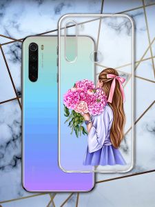 Прозорий чохол для Xiaomi Redmi Note 8T з об'ємним друком "Дівчина з півоніями" принт 11