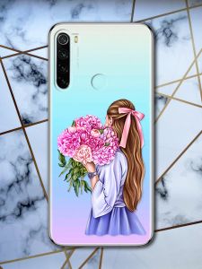 Прозорий чохол для Xiaomi Redmi Note 8 з об'ємним друком "Дівчина з півоніями" принт 11