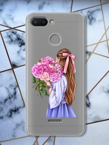 Прозорий чохол для Xiaomi Redmi 6 з об'ємним друком "Дівчина з півоніями" принт 11
