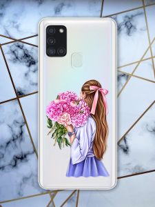 Прозорий чохол для Samsung Galaxy А21s з об'ємним друком "Дівчина з півоніями" принт 11