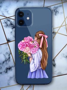 Прозорий чохол для iPhone 12 mini з об'ємним друком "Дівчина з півоніями" принт 11