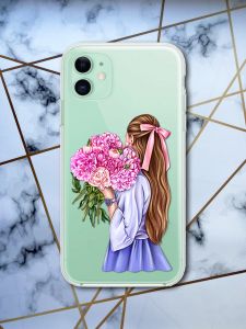 Прозорий чохол для Apple iPhone 11 (6,1) з об'ємним друком "Дівчина з півоніями" принт 11