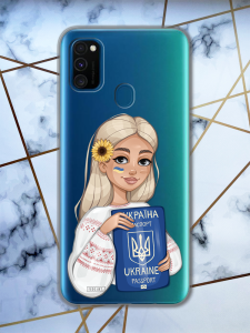 Прозорий чохол для Samsung Galaxy M30s/М21 з патріотичним дизайном "Дівчина з паспортом" принт 13