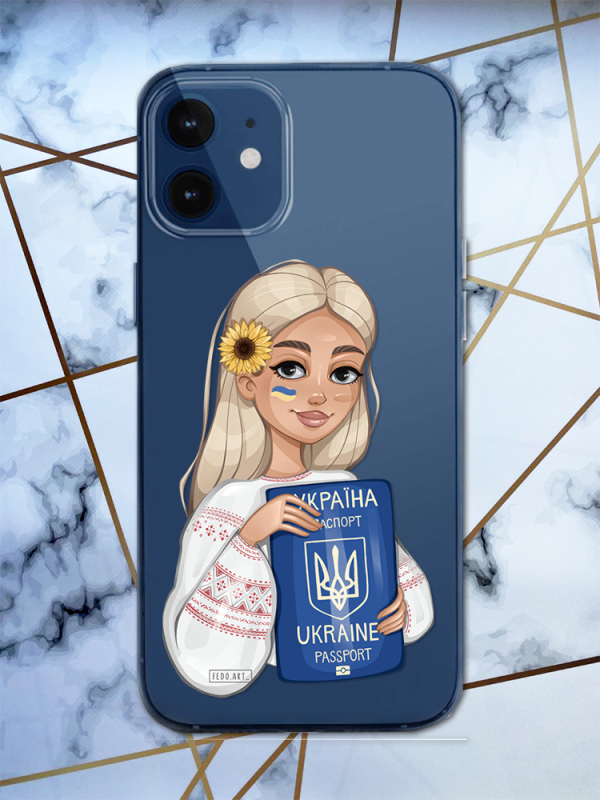 Прозорий чохол для iPhone 12 mini з патріотичним дизайном "Дівчина з паспортом" принт 13