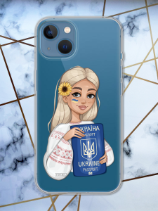 Прозорий чохол для Apple iPhone 13 з патріотичним дизайном "Дівчина з паспортом" принт 13