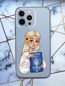 Прозорий чохол для Apple iPhone 13 Pro Max з патріотичним дизайном "Дівчина з паспортом" принт 13