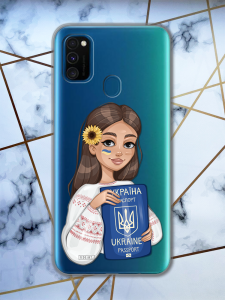 Прозорий чохол для Samsung Galaxy M30s/М21 з патріотичним дизайном "Дівчина з паспортом" принт 12