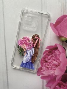 Прозорий чохол з потовщеними кутками для Xiaomi Redmi 10C з дизайном "Дівчина з півоніями" принт 11